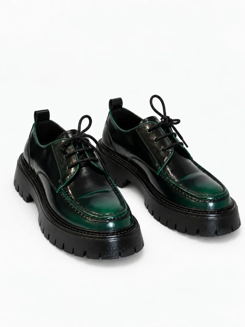 Vintage Green Black Patent Platform Derby Oxford Lug Sole Shoes EU 38 7 7.5